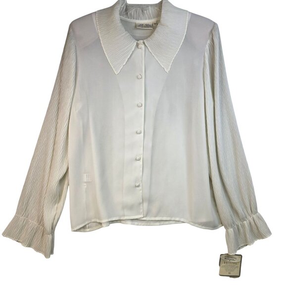 80s Susan Bristol Size 16 Pleated Collar Blouse Long Puff Sleeves Flowy Romantic - Picture 1 of 12